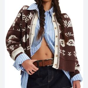 Free People Brown and Cream Floral Cardigan